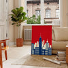 Abstract design with dynamic orange and red hues - in a Parisian living room with a sofa and a fig plant