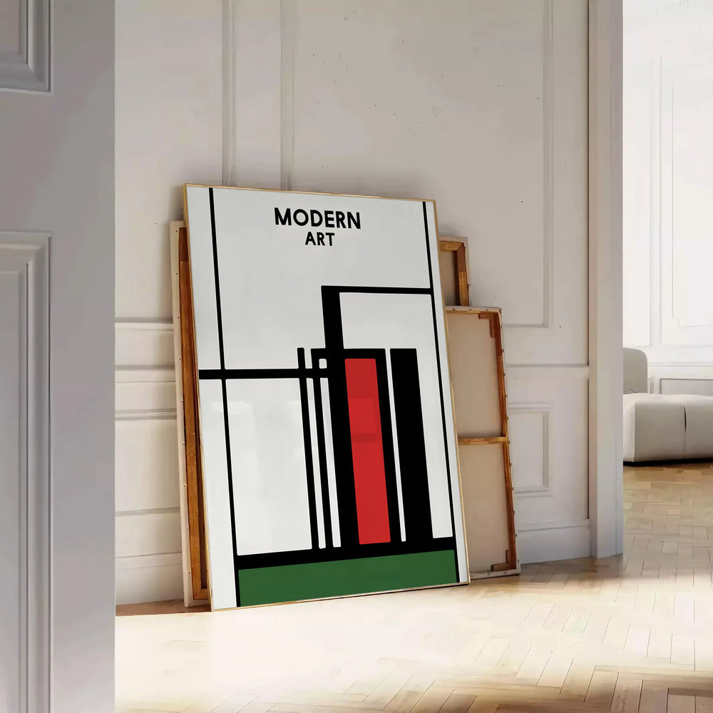 Abstract composition with bold black and red shapes on a white background