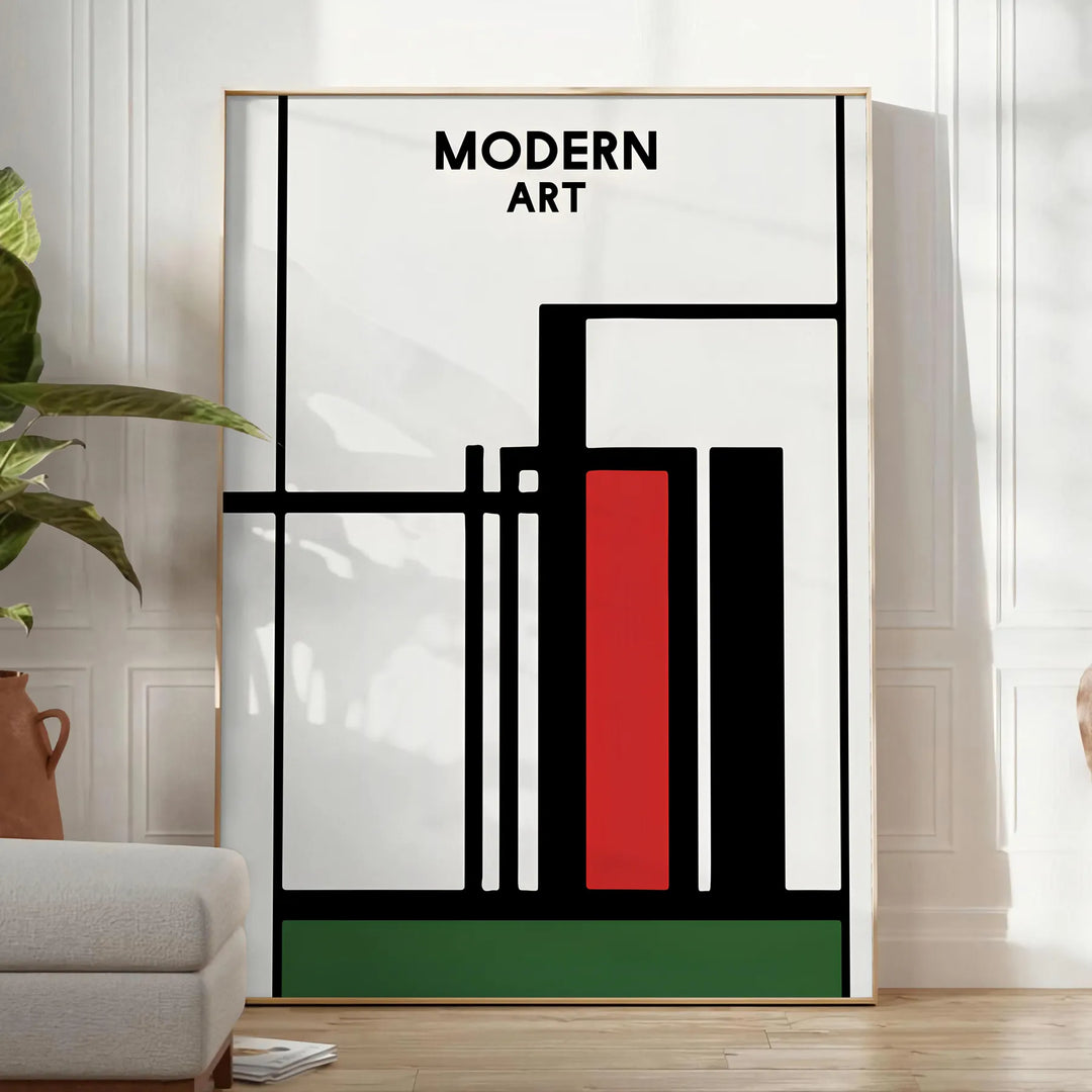 Abstract composition with bold black and red shapes on a white background - in a bright minimalist room with a plant and an armchair