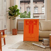 Composição abstrata com cores laranja e vermelha em um estilo moderno - numa sala parisiense com sofá e um ficus