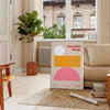 Abstract modern art with gray and orange hues depicting a cosmic theme - in a Parisian living room with a sofa and a fig plant