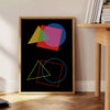 Abstract shapes in orange and black, modern art style - beside a round wooden side table with books