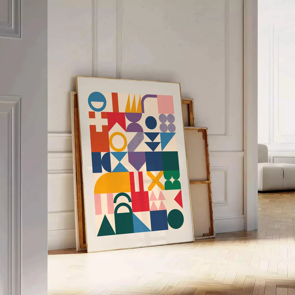 Abstract shapes in blue and orange tones with a modern artistic style