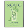 Un'illustrazione colorata di un cocktail Mojito con foglie di menta e fette di lime - in una cornice nera