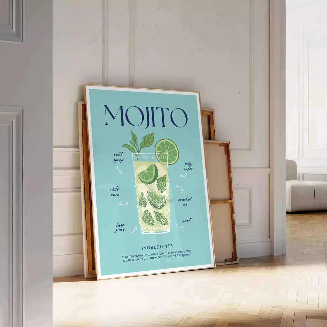 Un'illustrazione colorata di un cocktail mojito con menta e lime. - appoggiato su un pavimento a spina di pesce contro una parete a pannelli