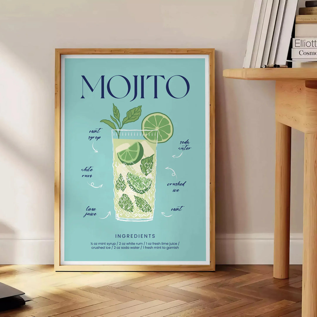 Un'illustrazione colorata di un cocktail mojito con menta e lime. - accanto a un tavolino rotondo in legno con libri