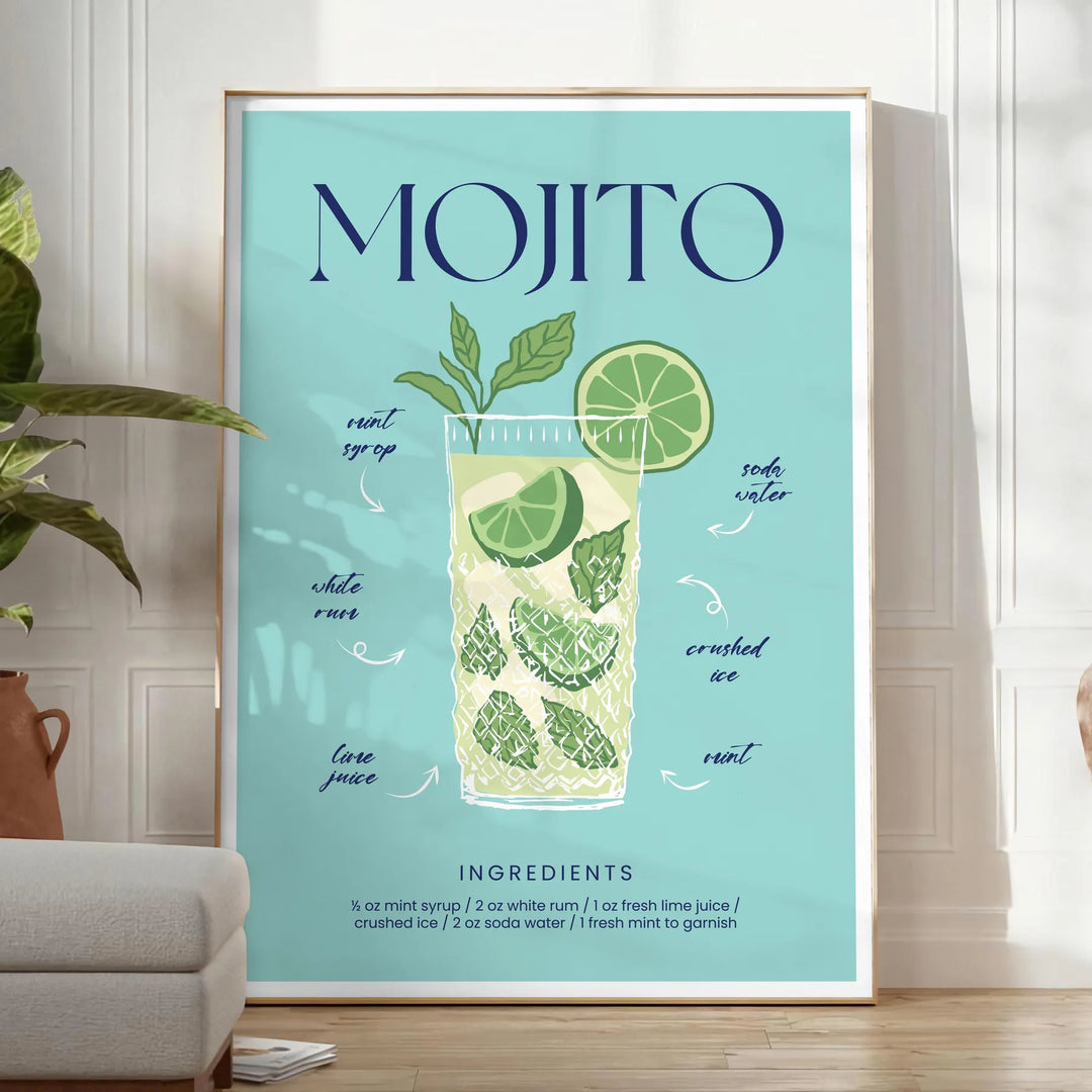 Un'illustrazione colorata di un cocktail mojito con menta e lime. - in una stanza luminosa e minimalista con pianta e poltrona