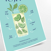 Un'illustrazione colorata di un cocktail mojito con menta e lime.
