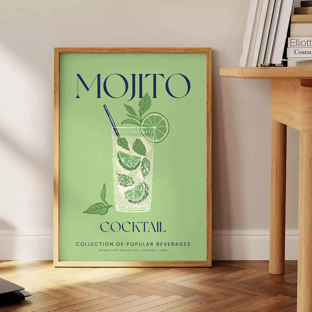 Un'illustrazione colorata di un cocktail Mojito con foglie di menta e fette di lime - accanto a un tavolino rotondo in legno con libri
