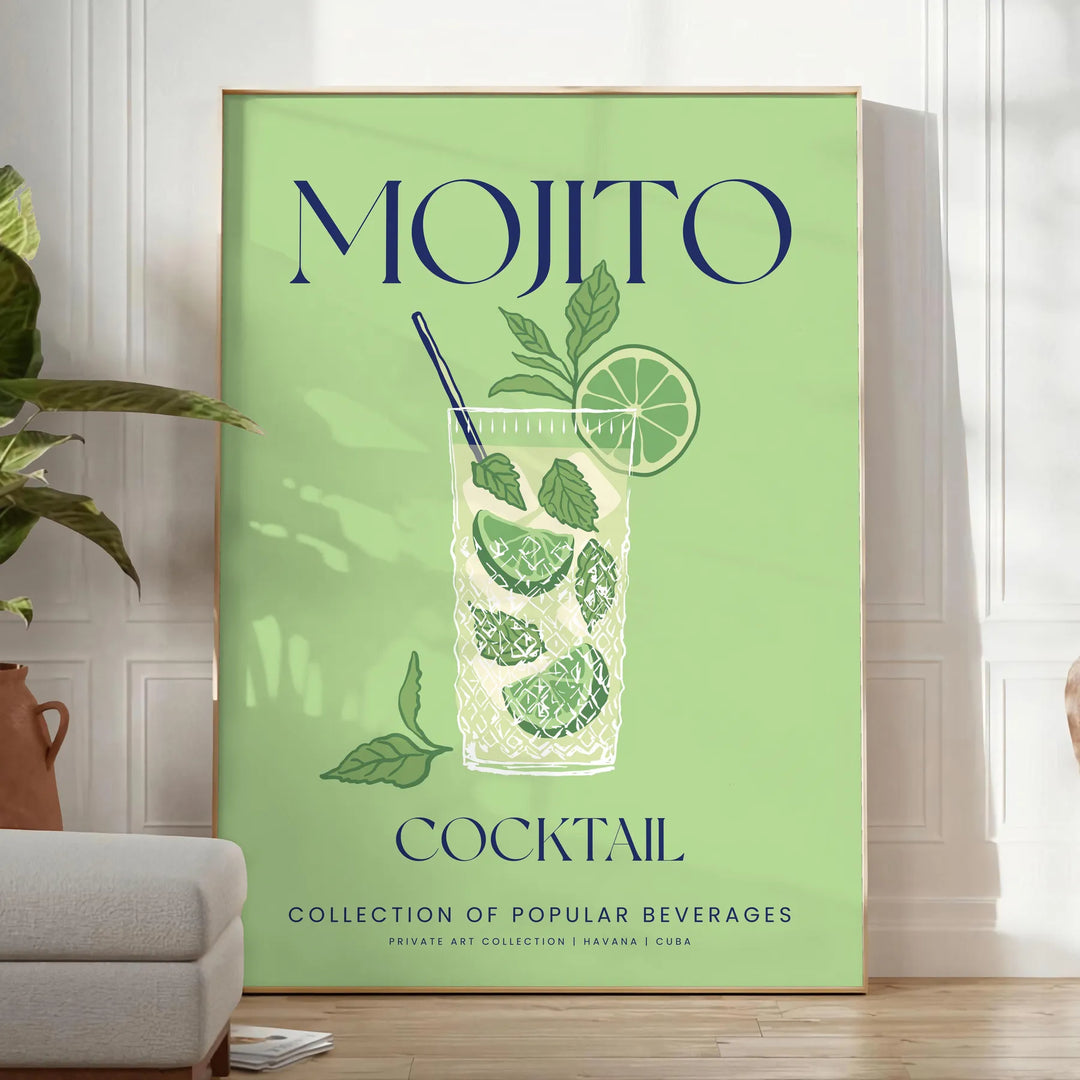 Un'illustrazione colorata di un cocktail Mojito con foglie di menta e fette di lime - in una stanza luminosa e minimalista con pianta e poltrona