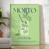 Un'illustrazione colorata di un cocktail Mojito con foglie di menta e fette di lime - in una stanza luminosa e minimalista con pianta e poltrona
