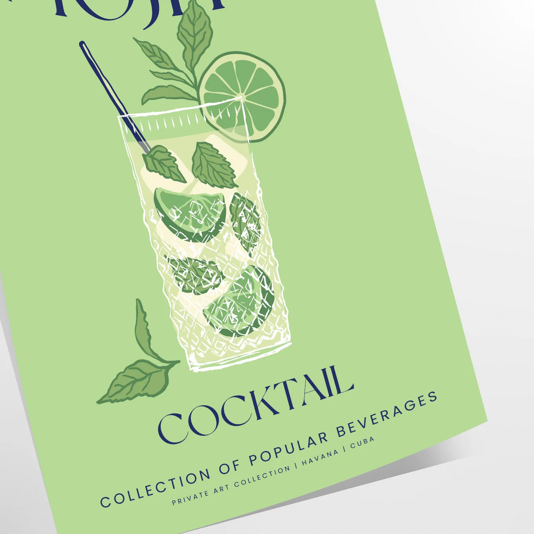 Un'illustrazione colorata di un cocktail Mojito con foglie di menta e fette di lime