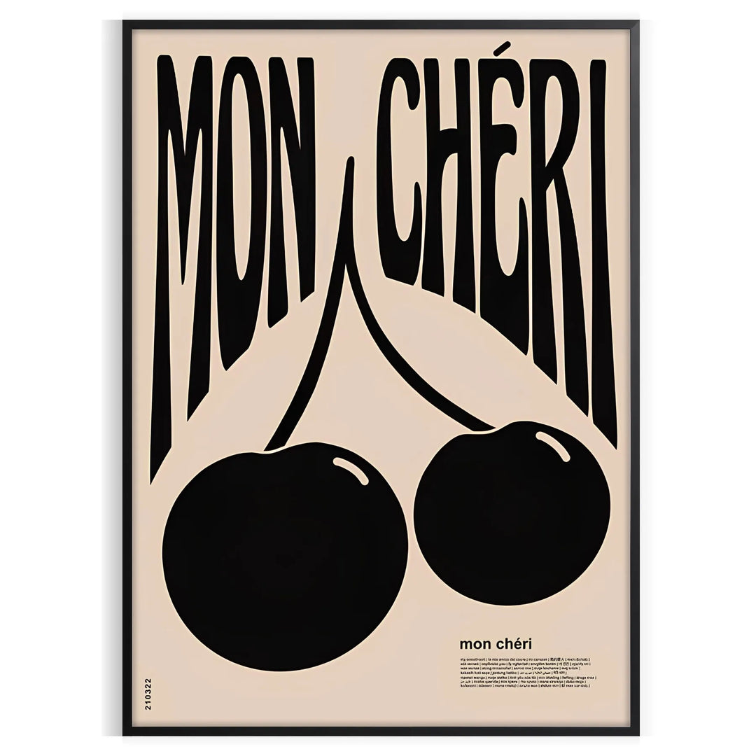 Abstract design featuring cherries in black and orange hues - in a black frame