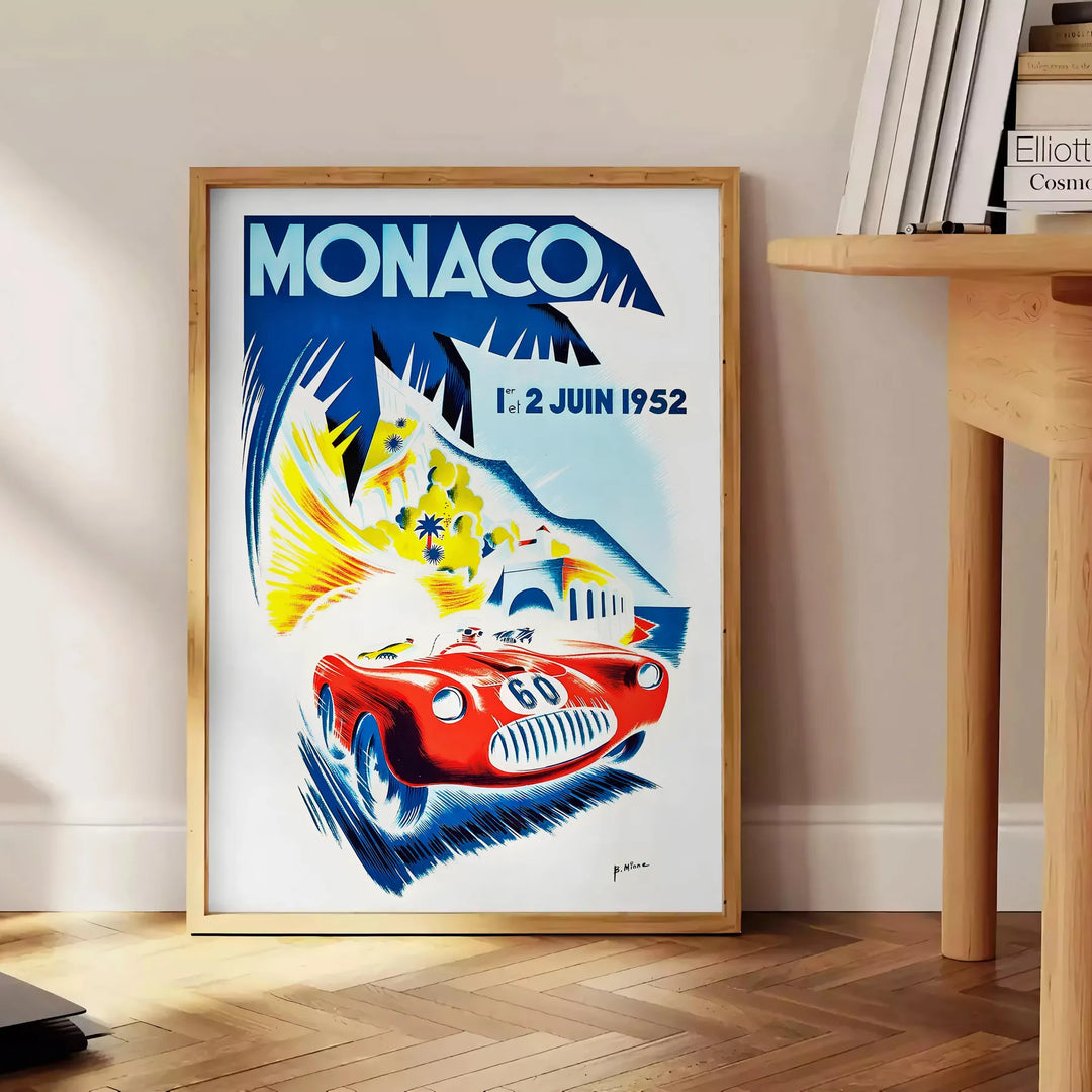 Vintage travel poster of Monaco featuring yellow and blue colors - beside a round wooden side table with books
