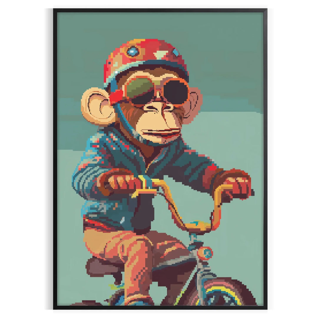 A playful monkey riding a bicycle in a cartoon style with bright green and gray colors