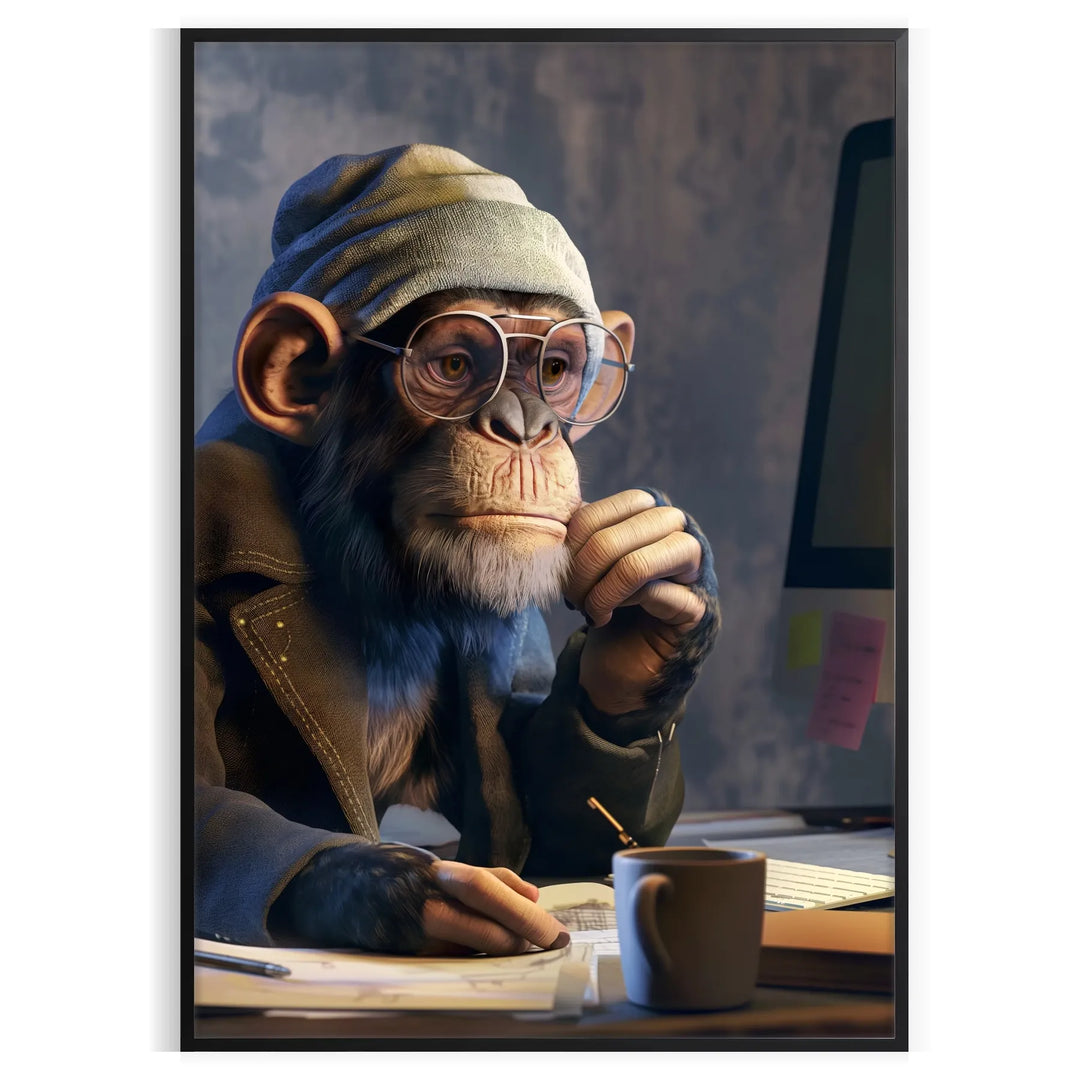 A playful monkey wearing glasses and a hoodie, surrounded by digital elements in green and gray.