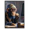 A playful monkey wearing glasses and a hoodie, surrounded by digital elements in green and gray. - in a black frame