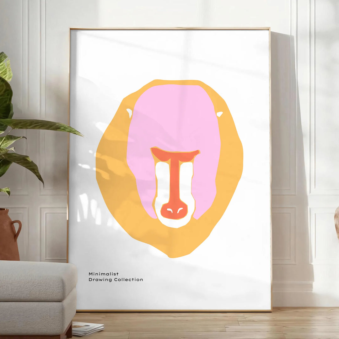Un singe noir et orange représenté dans une pose ludique sur un fond neutre - dans une pièce lumineuse épurée avec plante et fauteuil