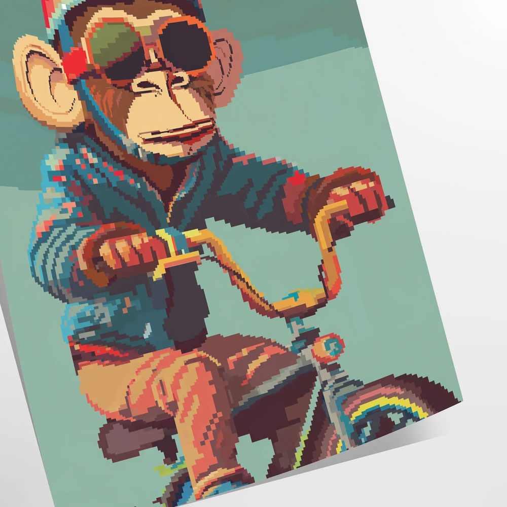 A playful monkey riding a bicycle in a cartoon style with bright green and gray colors