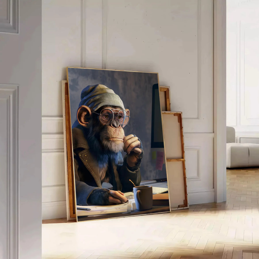 A playful monkey wearing glasses and a hoodie, surrounded by digital elements in green and gray. - leaning on a herringbone floor against a white panelled wall