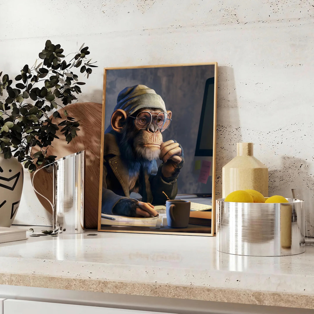 A playful monkey wearing glasses and a hoodie, surrounded by digital elements in green and gray. - styled on a counter with eucalyptus and a bowl of lemons