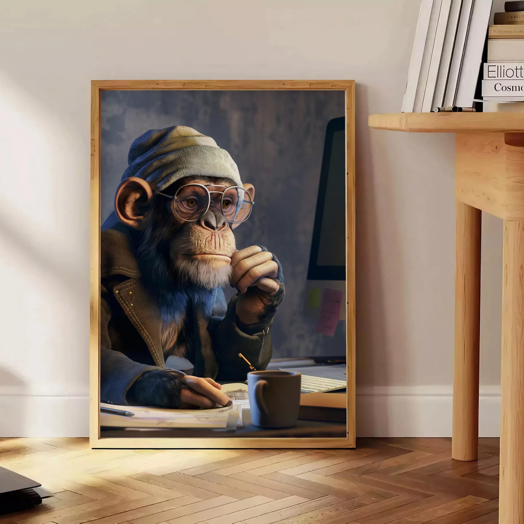A playful monkey wearing glasses and a hoodie, surrounded by digital elements in green and gray. - beside a round wooden side table with books