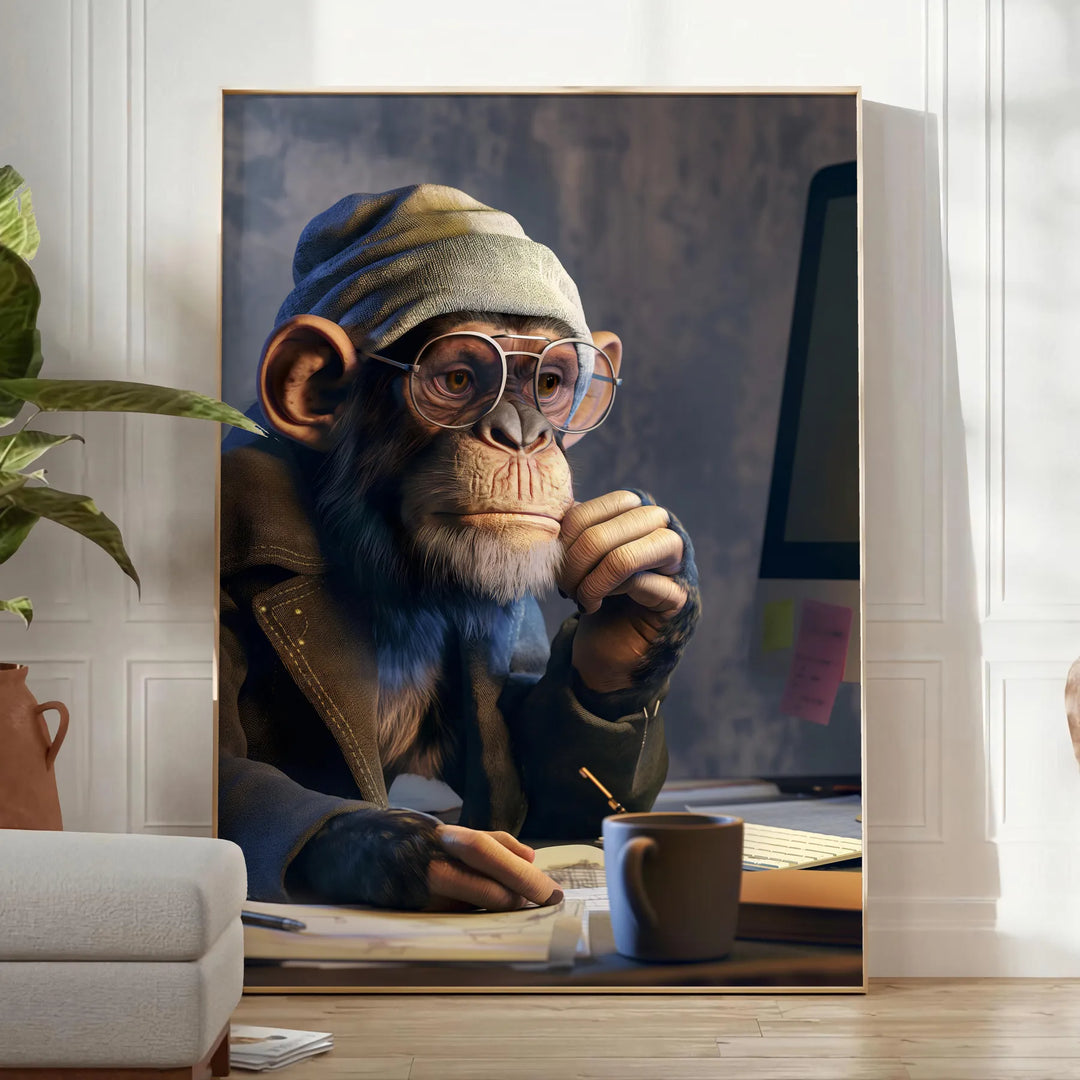 A playful monkey wearing glasses and a hoodie, surrounded by digital elements in green and gray. - in a bright minimalist room with a plant and an armchair