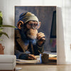 A playful monkey wearing glasses and a hoodie, surrounded by digital elements in green and gray. - in a bright minimalist room with a plant and an armchair