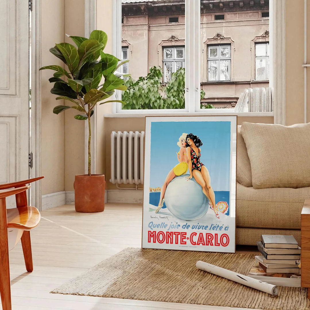 Vintage travel poster of Monte Carlo featuring yellow and blue hues