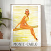 Vintage travel poster of Monte Carlo with warm brown and orange tones - in a bright minimalist room with a plant and an armchair