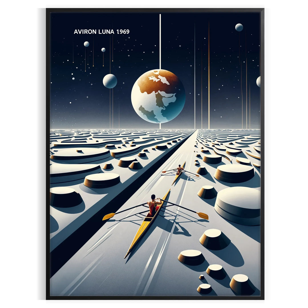 Surreal illustration of a moonlit rowing scene in blue-gray tones