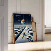 Surreal illustration of a moonlit rowing scene in blue-gray tones - leaning on a herringbone floor against a white panelled wall