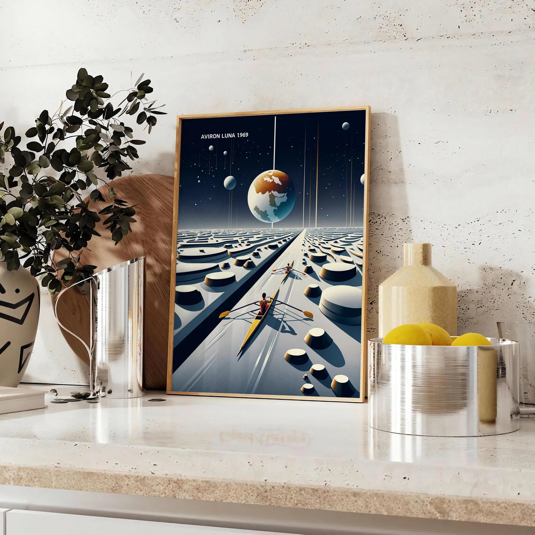 Surreal illustration of a moonlit rowing scene in blue-gray tones - styled on a counter with eucalyptus and a bowl of lemons