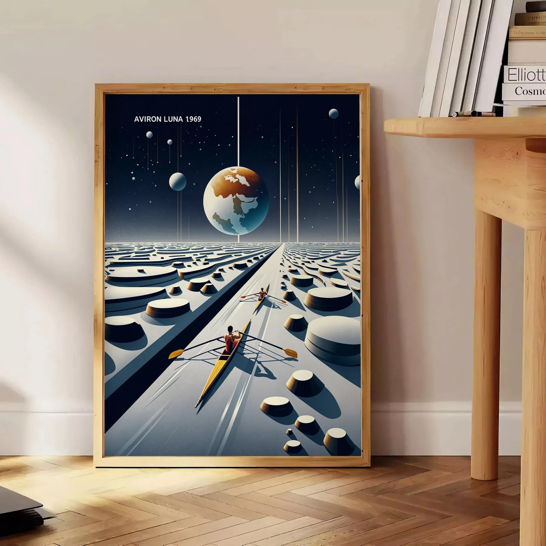 Surreal illustration of a moonlit rowing scene in blue-gray tones - beside a round wooden side table with books