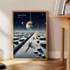 Surreal illustration of a moonlit rowing scene in blue-gray tones - beside a round wooden side table with books
