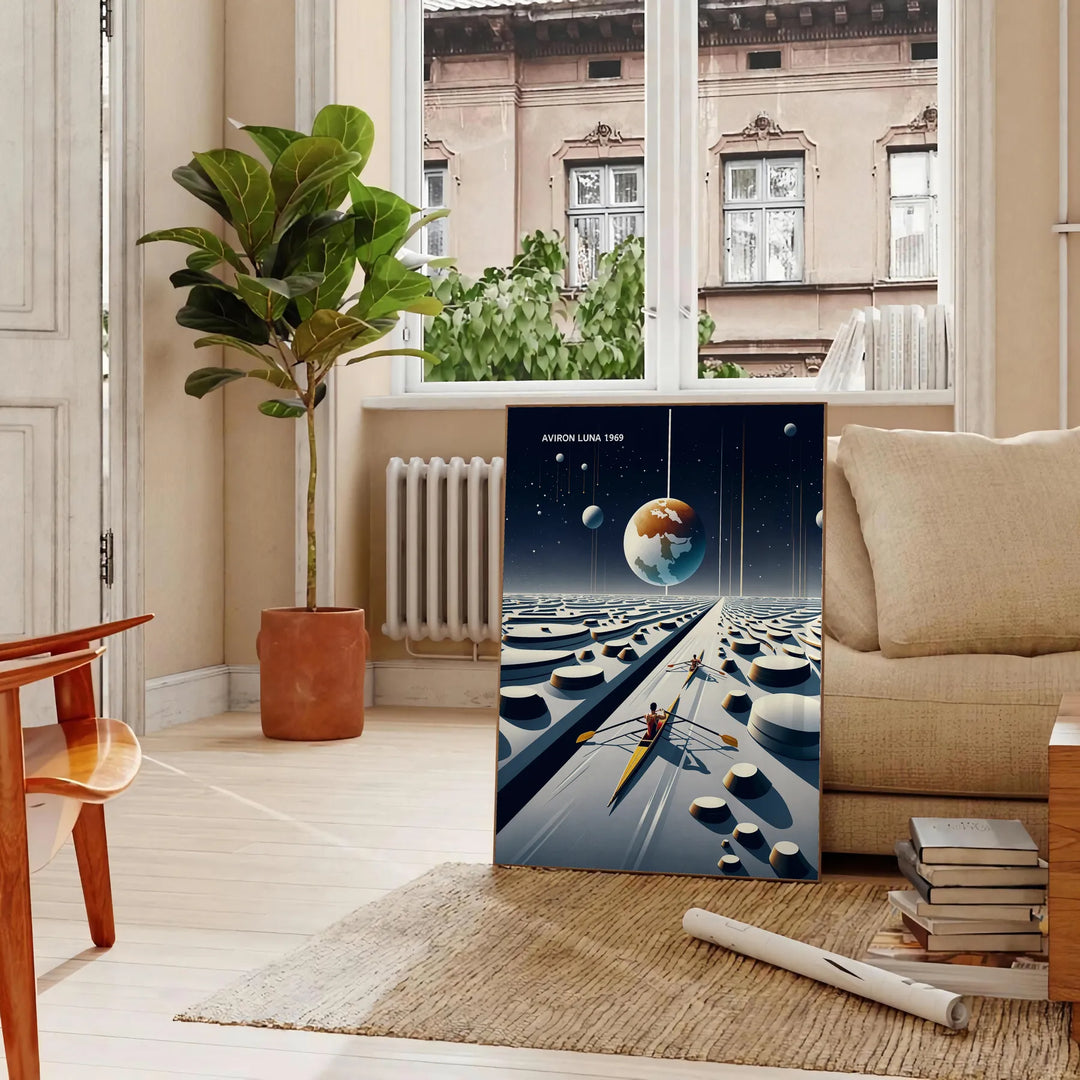 Surreal illustration of a moonlit rowing scene in blue-gray tones - in a Parisian living room with a sofa and a fig plant