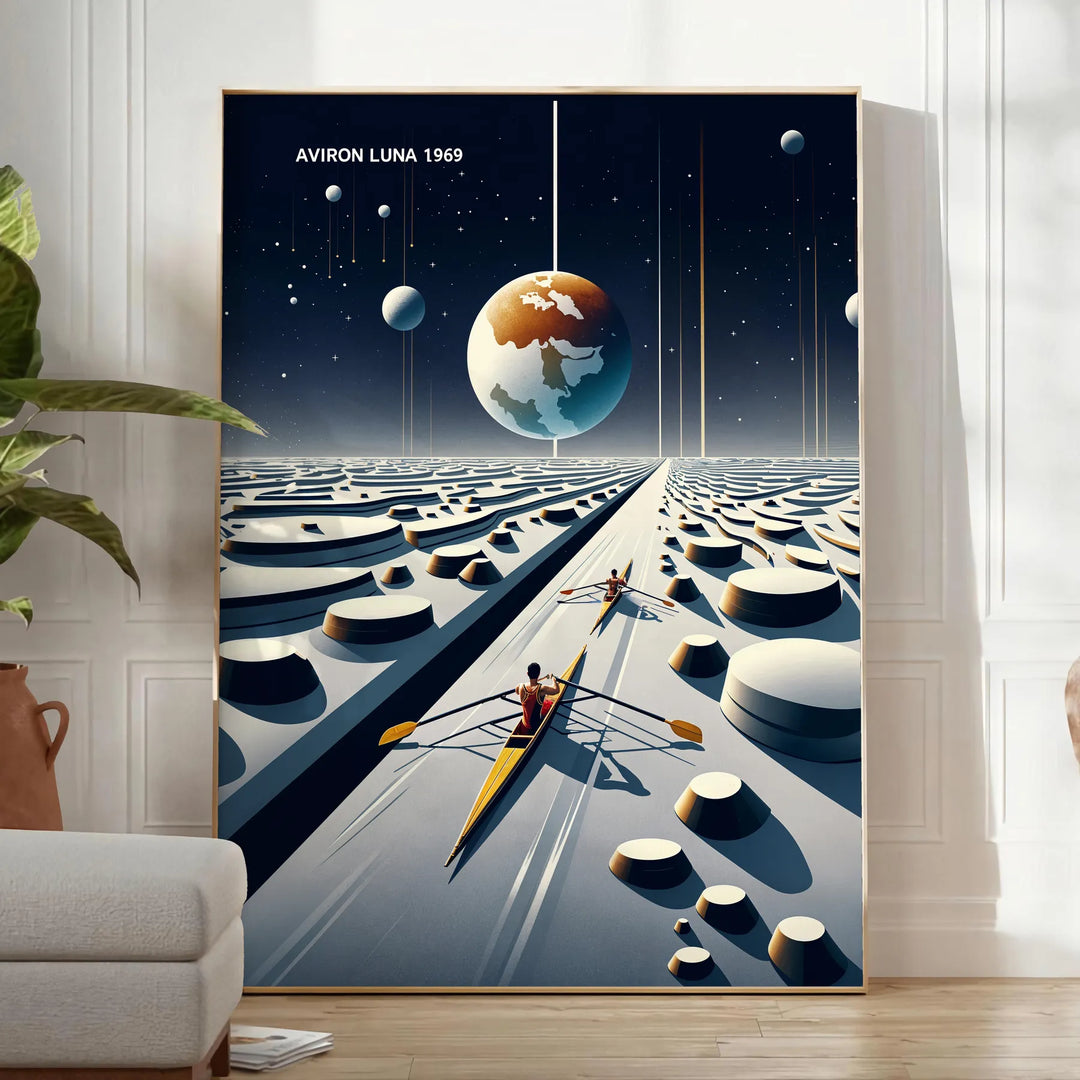 Surreal illustration of a moonlit rowing scene in blue-gray tones - in a bright minimalist room with a plant and an armchair