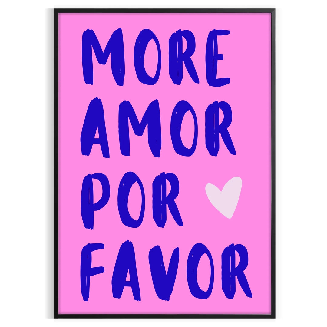 Abstract design featuring the phrase 'Más Amor Por Favor' in blue and purple tones