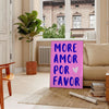 Abstract design featuring the phrase 'Más Amor Por Favor' in blue and purple tones - in a Parisian living room with a sofa and a fig plant