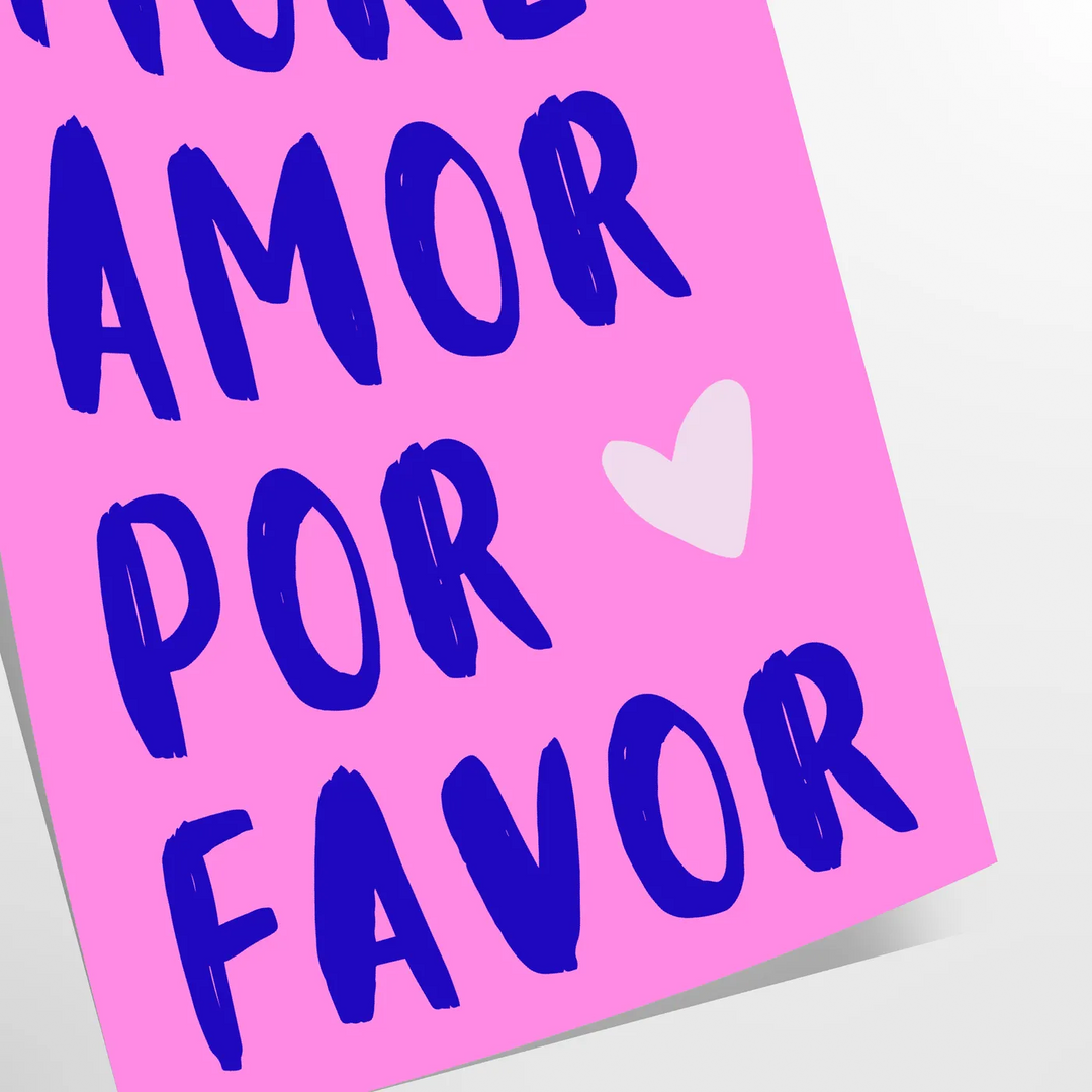 Abstract design featuring the phrase 'Más Amor Por Favor' in blue and purple tones
