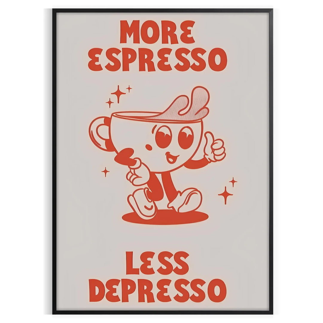A kitchen print featuring bold orange and blue typography with coffee motifs