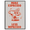 A kitchen print featuring bold orange and blue typography with coffee motifs - in a black frame