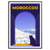 Colorful Moroccan landscape featuring traditional architecture and vibrant blue and orange hues - in a black frame