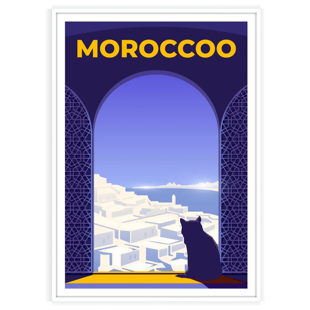 Colorful Moroccan landscape featuring traditional architecture and vibrant blue and orange hues - in a white frame