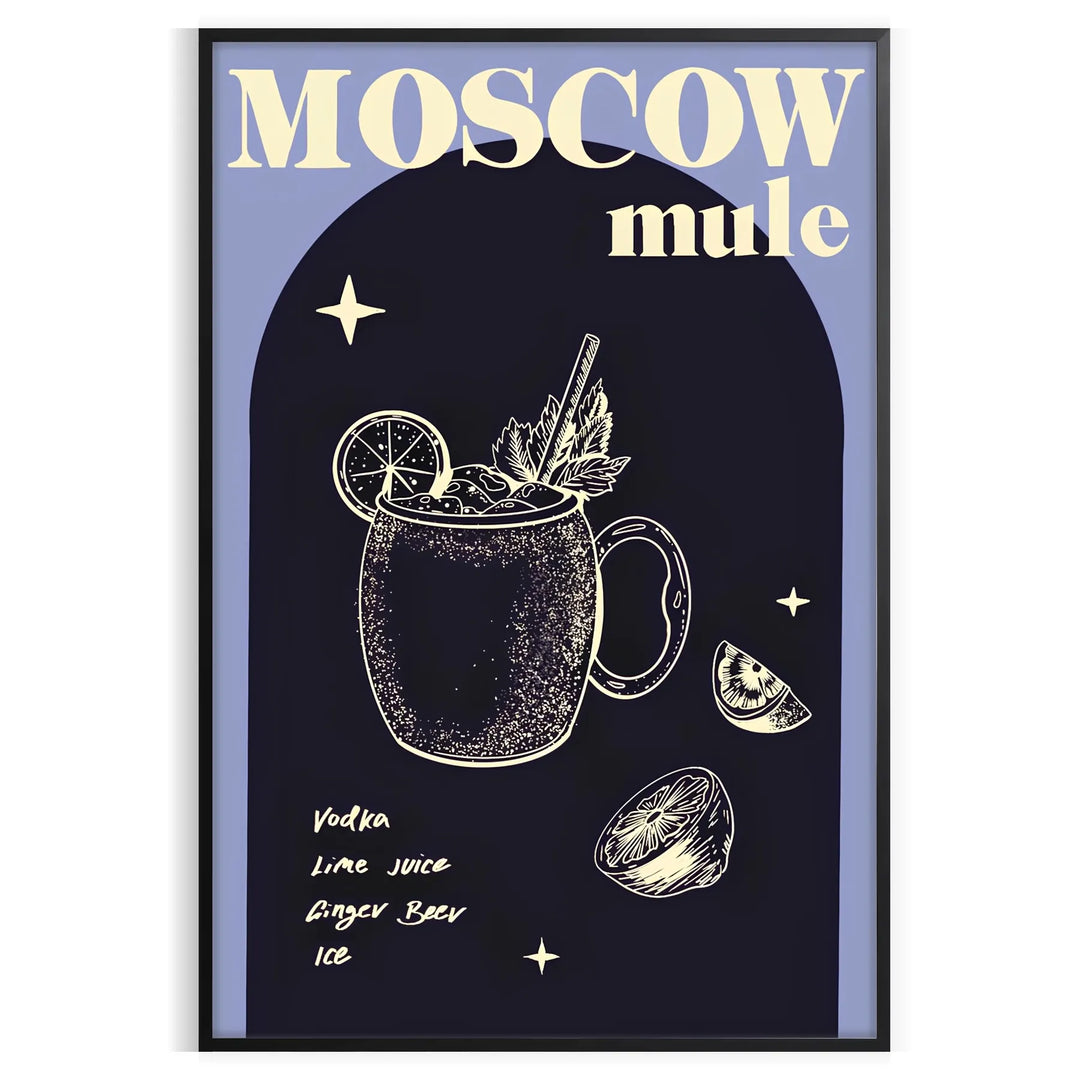 Illustration of a Moscow Mule cocktail in a sleek black background with green accents