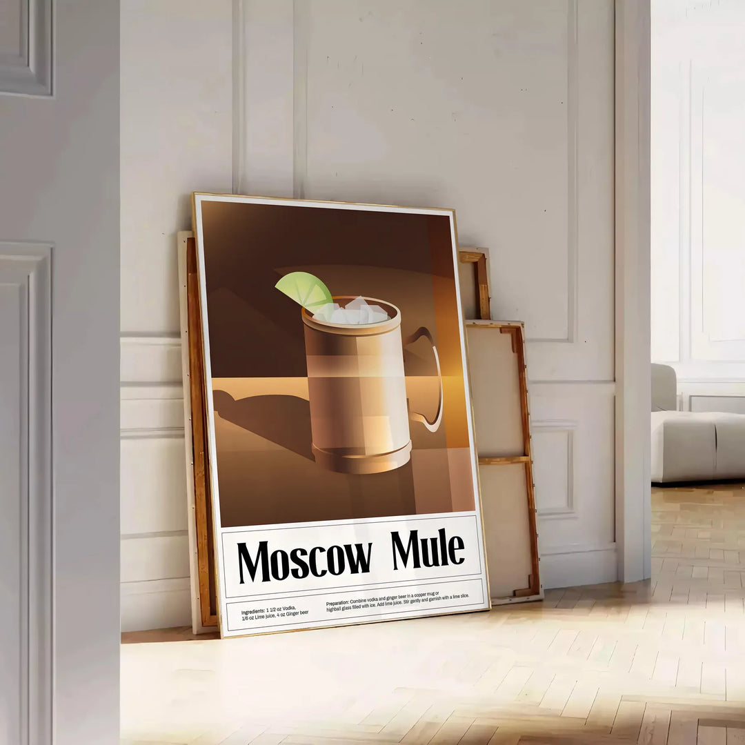 Moscow Mule cocktail in a copper mug with green garnishes on a black background - leaning on a herringbone floor against a white panelled wall
