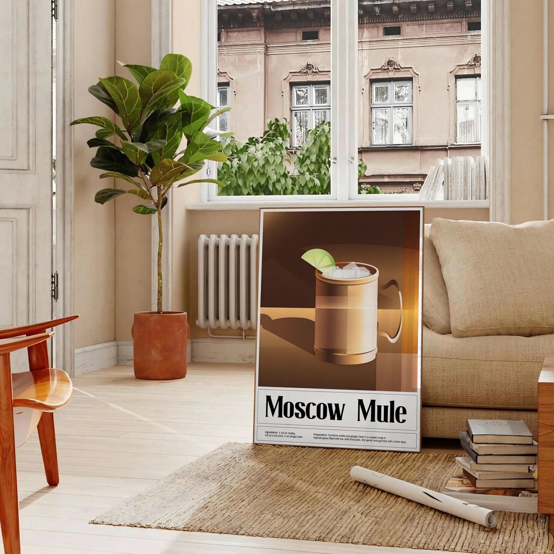 Moscow Mule cocktail in a copper mug with green garnishes on a black background - in a Parisian living room with a sofa and a fig plant