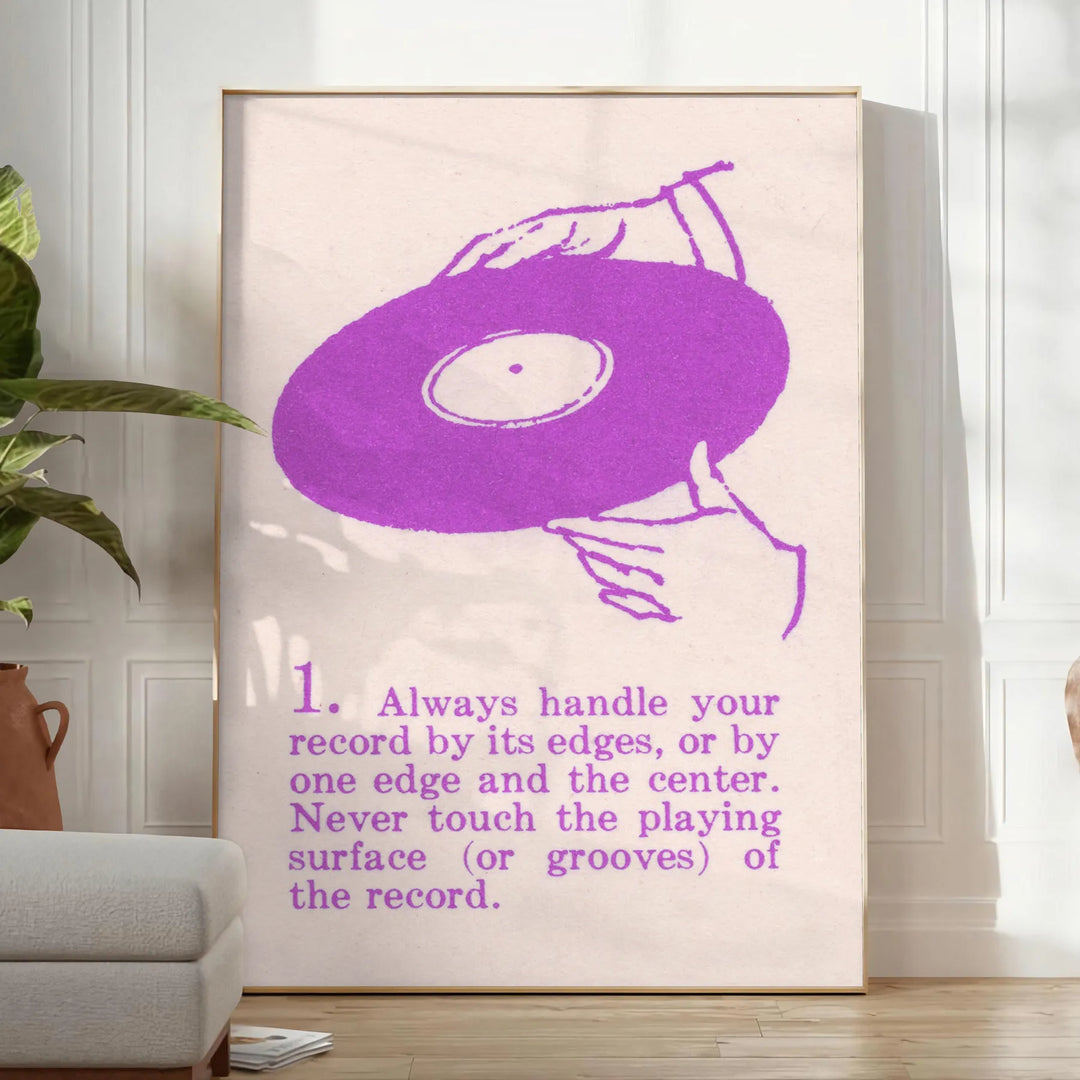 Abstract space scene in green and purple with motivational text - in a bright minimalist room with a plant and an armchair