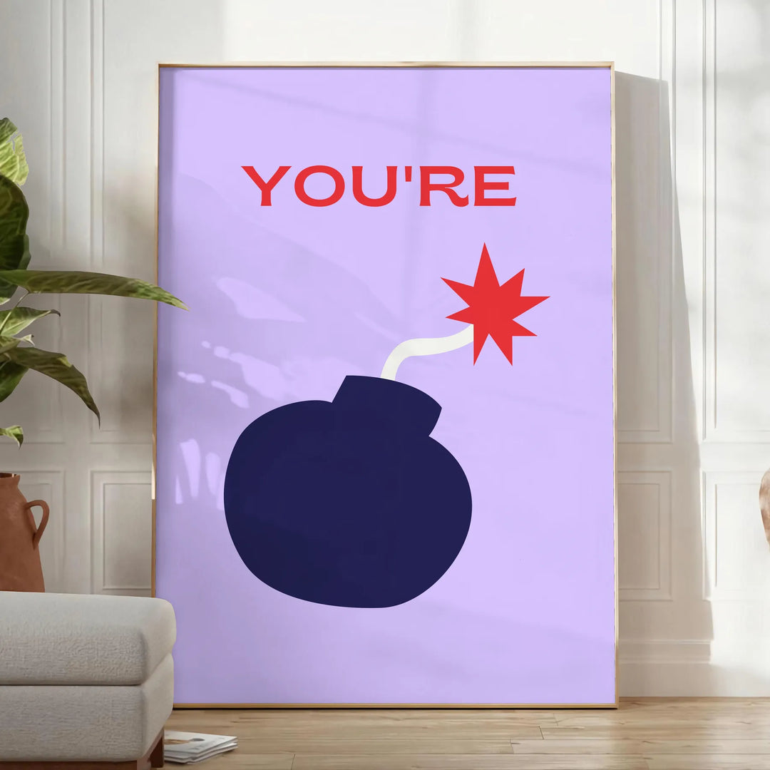 Abstract design featuring orange and blue tones with motivational text - in a bright minimalist room with a plant and an armchair