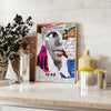 Abstract design with orange and blue tones conveying motivation and creativity - styled on a counter with eucalyptus and a bowl of lemons